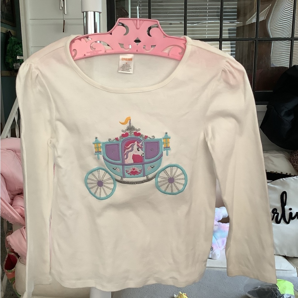 Gymboree Cream Long Sleeve Top with Pastel Carriage Embroidery